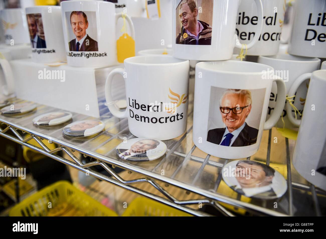 Liberal Democrats mugs and other support material on a stall at the Liberal Democrats annual conference at Bournemouth International Centre. Stock Photo
