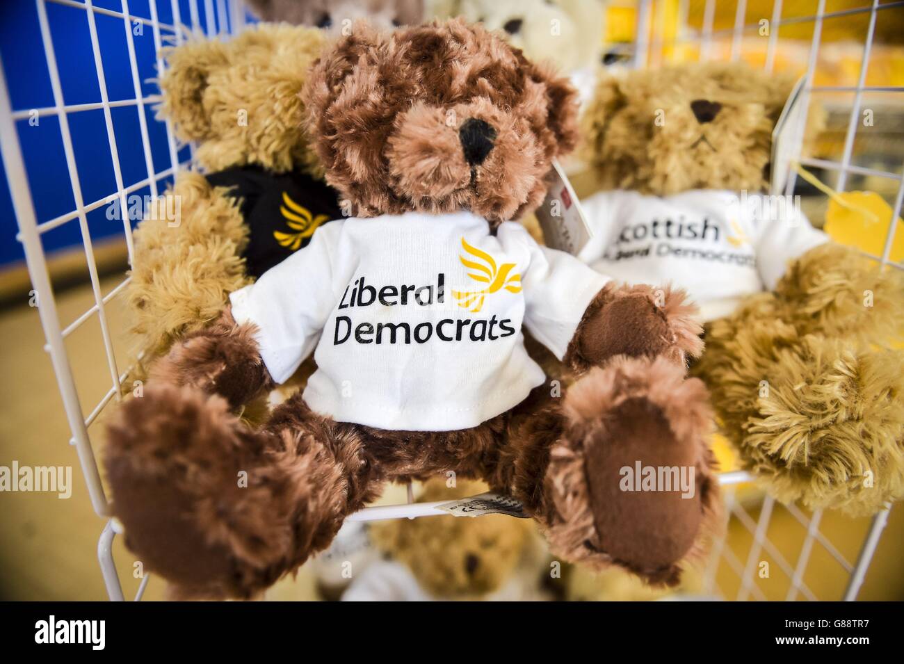 Liberal Democrats teddy bears on a stall at the Liberal Democrats annual conference at Bournemouth International Centre. Stock Photo