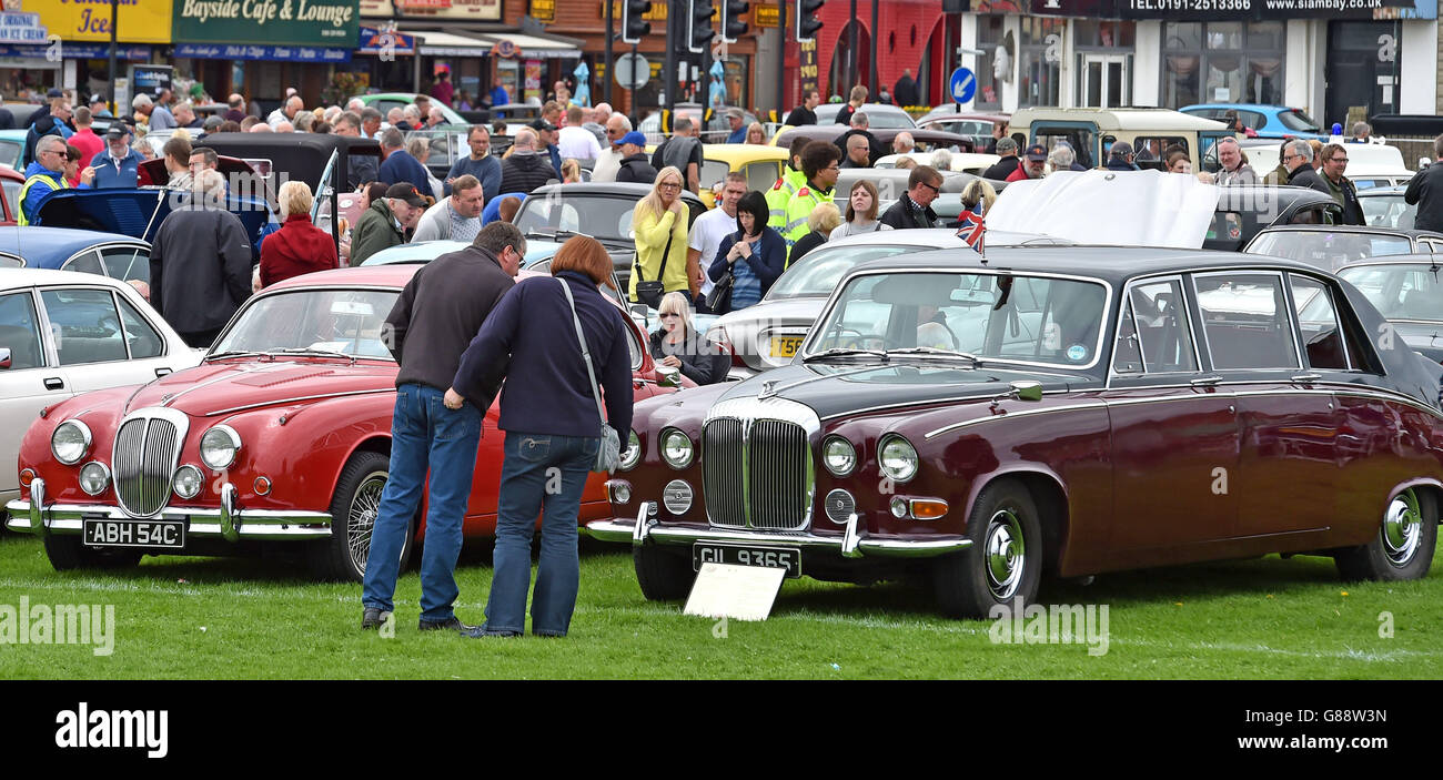 Photo. Enthusiasts admire vehicles at the Whitley Bay Classic Car Show, Tyne and Wear. Stock Photo