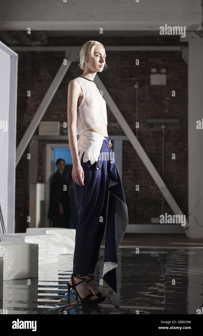 A model on the catwalk at the Wilson PK Spring/Summer 2016 London Fashion Week presentation at the Vinyl Factory, London. Stock Photo
