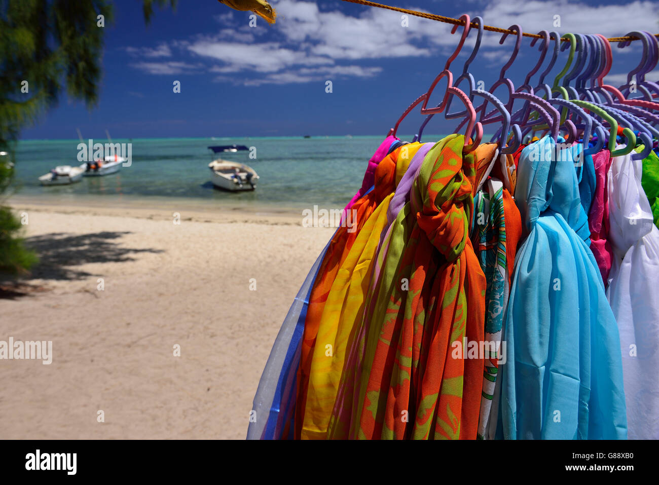 souvenir seller, Isle Ile aux Benitiers, Tamarin Bay, Mauritius Stock Photo