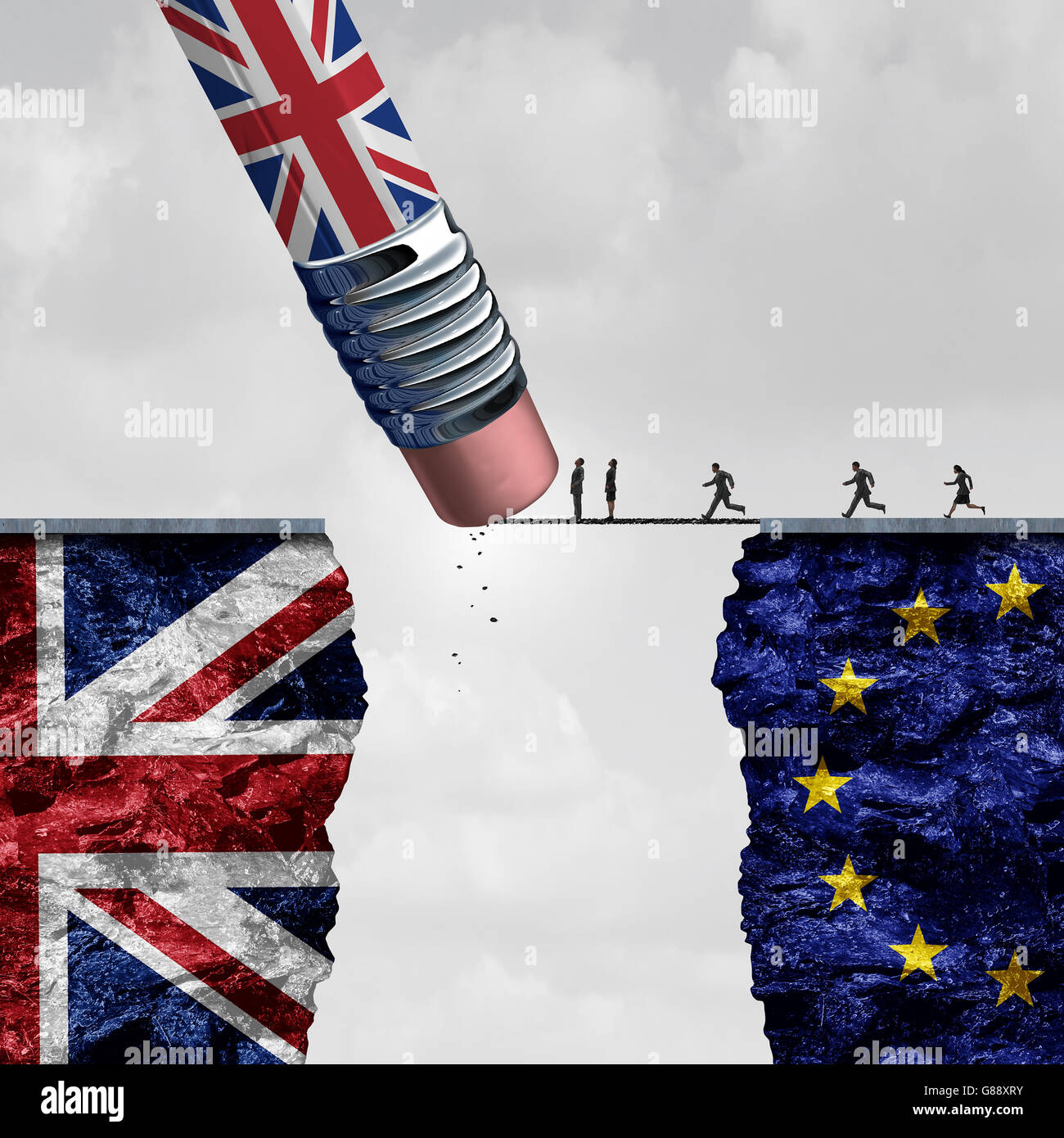 Britain European Union change and independence decision as a brexit leave concept and UK leaving vote or Euro zone crisis as a pencil with the british flag erasing a link blocking entry as a 3D illustration. Stock Photo