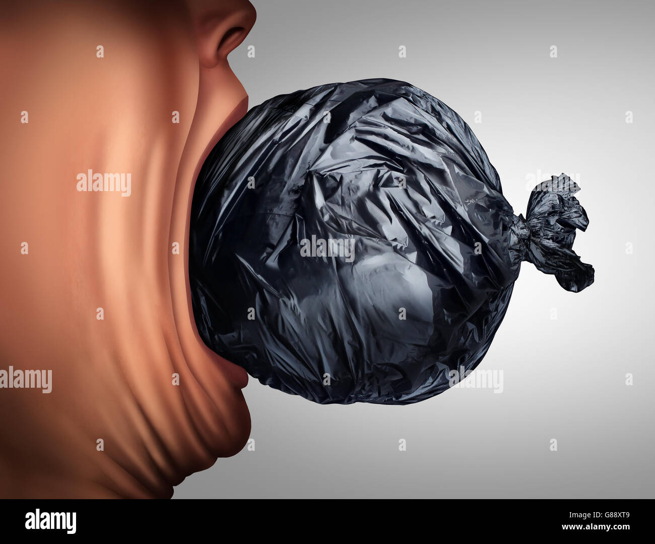 Eating garbage and unhealthy nutrition lifestyle as a person taking a bite out of a trash bag in a 3D illustration style as a health metaphor for disgusting menu habit or poverty hunger. Stock Photo