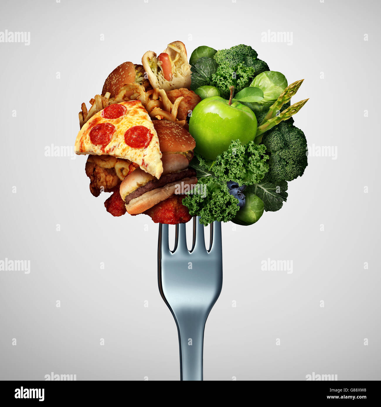 Food health options concept diet struggle and decision concept and nutrition choices dilemma between healthy good fresh fruit and vegetables or cholesterol rich fast food with one divided dinner fork with 3D illustration elements. Stock Photo