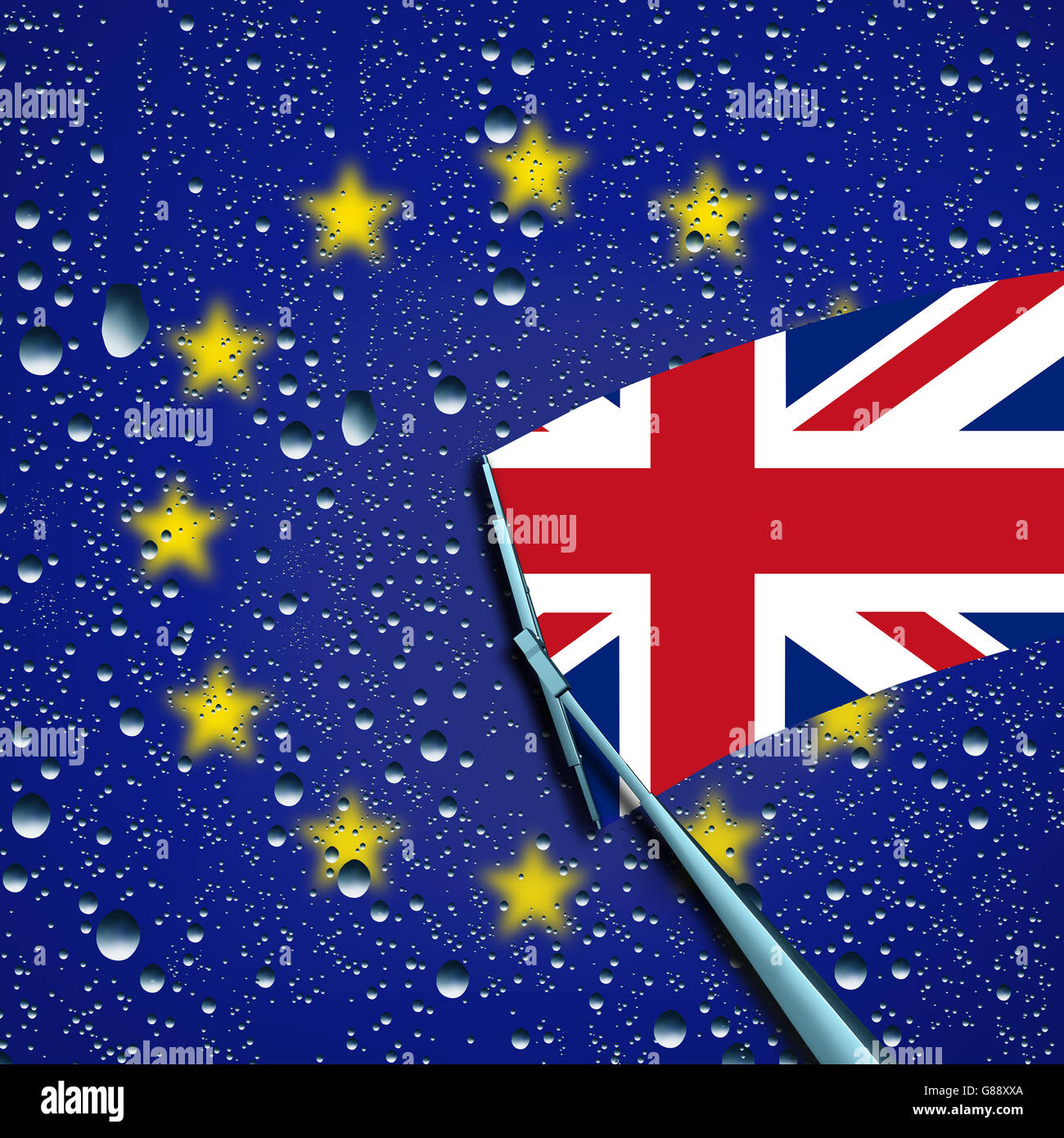 Britain leave or leaving European Union concept and decision as a brexit and UK independence vote or Euro zone crisis as a wiper washing away the Europe flag to expose the british flag as a 3D illustration. Stock Photo
