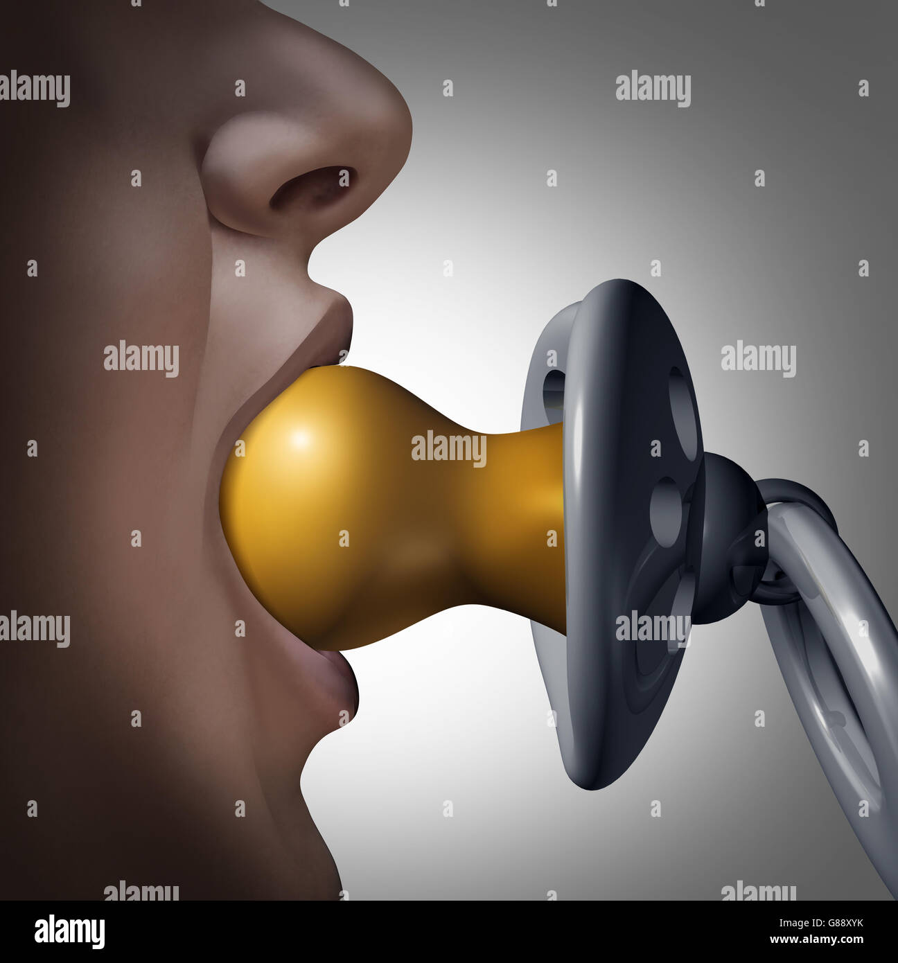 Immaturity concept and childish behavior symbol as a person sucking on a giant baby pacifier as a psychology metaphor for not letting go or calming and managing stress with 3D illustration elements. Stock Photo