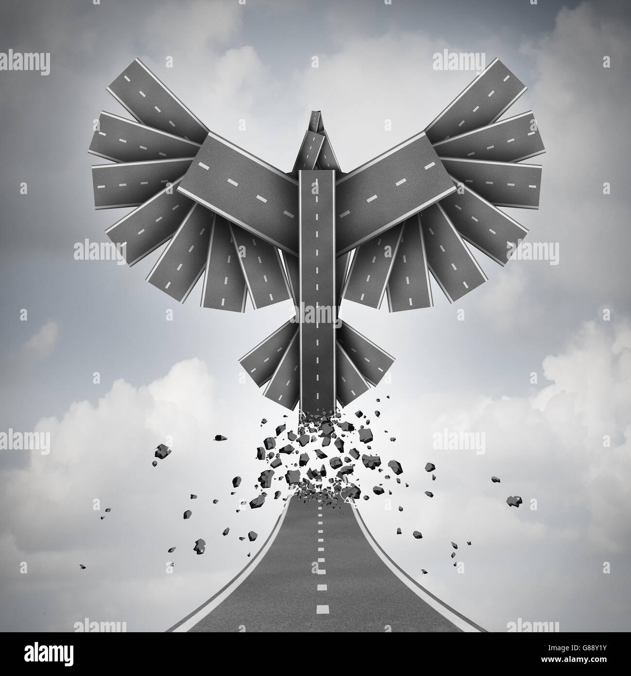 Start up or startup business progress concept as a new company or corporate venture metaphor of success potential as a path or street tranforming into flying wings of opportunity as a 3D illustration. Stock Photo