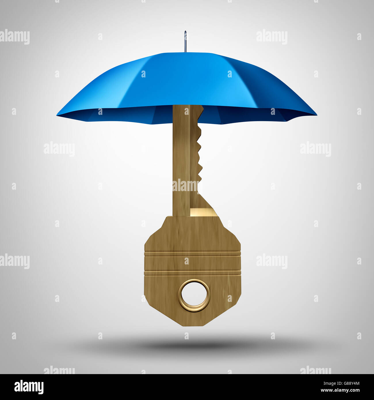 Key security concept with an umbrella protecting the symbol of solutions as an icon for defending against business strategy risk as a 3D illustration. Stock Photo