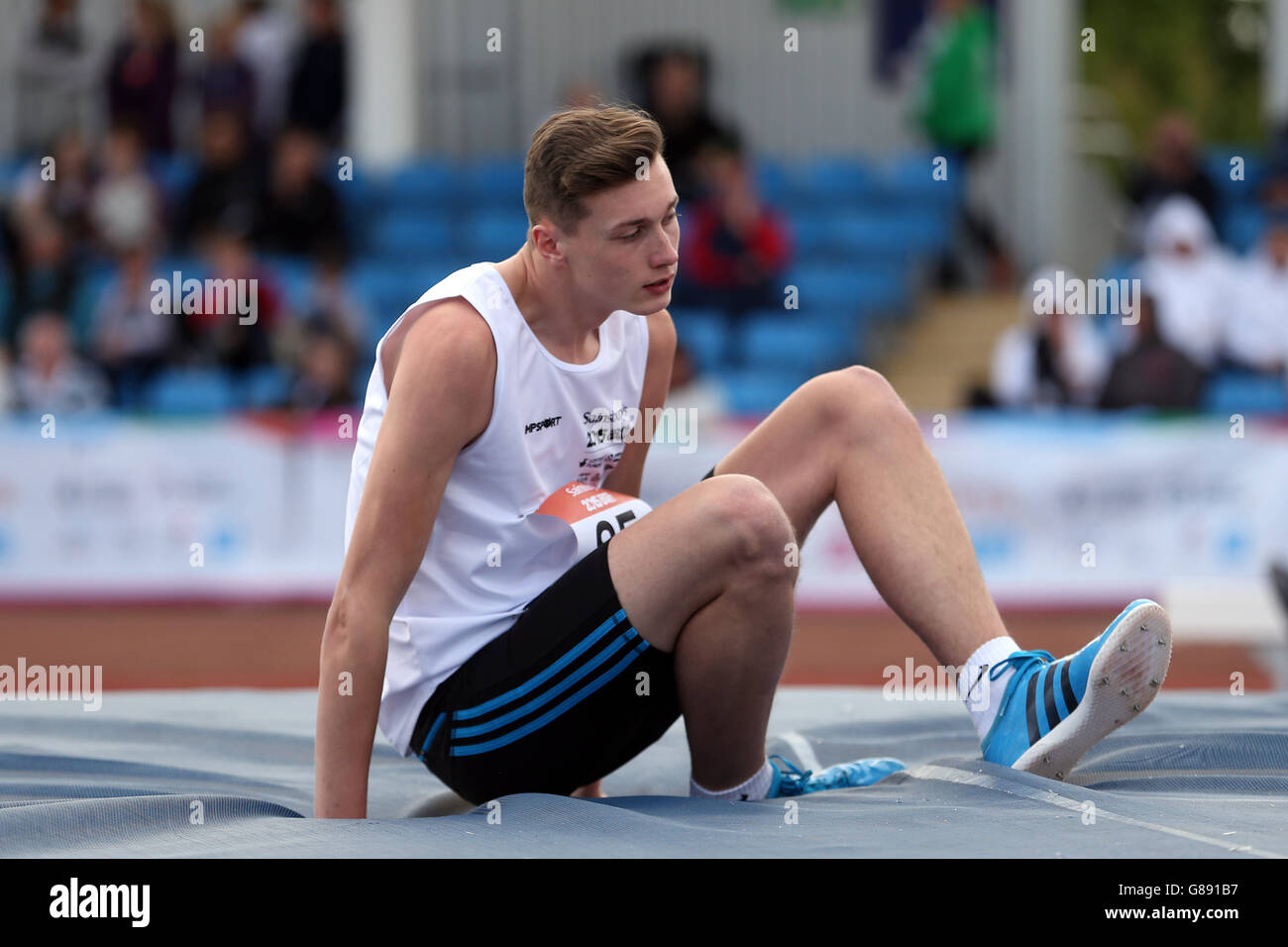 Sport - Sainsbury's 2015 School Games - Day Two - Manchester. England South East's Joe Winn takes part in the boys high jump at the Sainsbury's 2015 School Games at the Manchester Regional Arena. Stock Photo