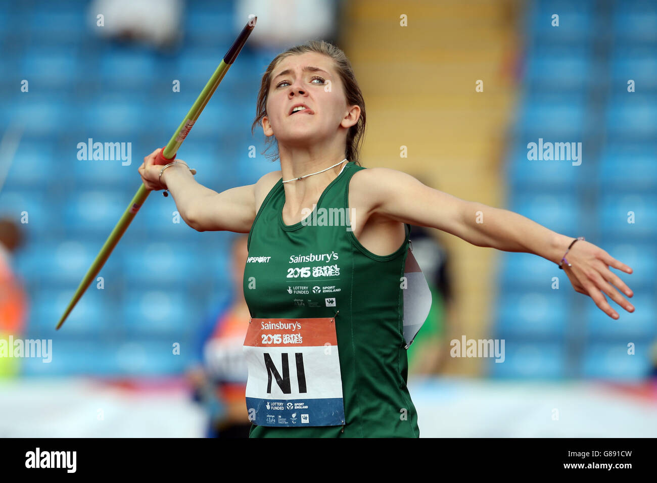 Sport - Sainsbury's 2015 School Games - Day Two - Manchester. Northern Ireland's Hollie Gilliand takes part in the girls javelin at the Sainsbury's 2015 School Games at the Manchester Regional Arena. Stock Photo