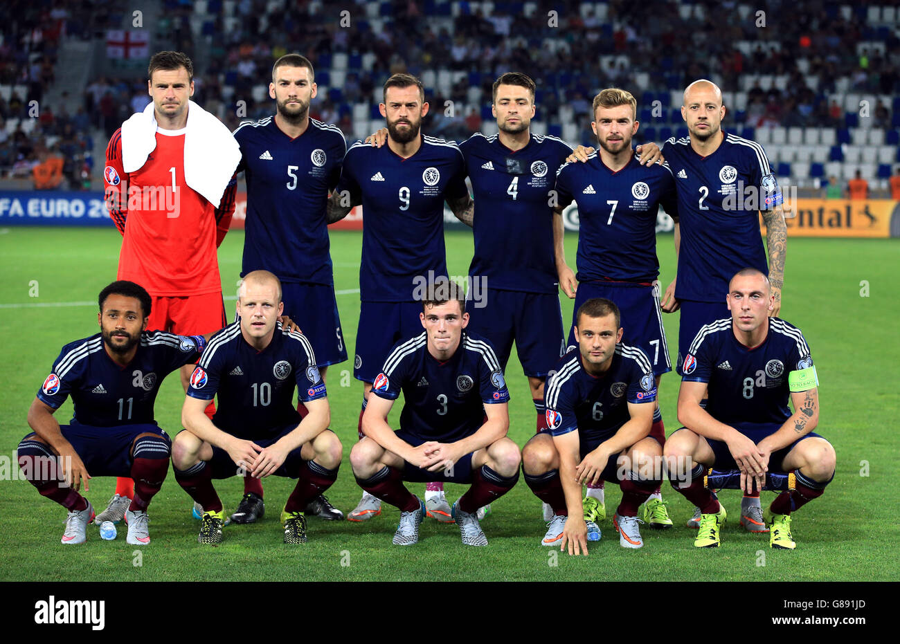 Scotland Team Group: (L-R Back Row) David Marshall, Charlie Mulgrew, Steven Fletcher, Russell Martin, James Morrison and Alan Hutton. (L-R Front Row) Iketchi Anya, Steven Naismith, Andrew Robertson, Shaun Maloney and Scott Brown during the UEFA European Championship Qualifying match at the Boris Paichadze Dinamo Arena, Tbilisi. Picture date: Friday September 4, 2015. See PA story SOCCER Georgia. Photo credit should read: Nick Potts/PA Wire. RESTRICTIONS: Use subject to restrictions. . Commercial use only with prior written consent of the Scottish FA. Call +44 (0)1158 447447 for further Stock Photo