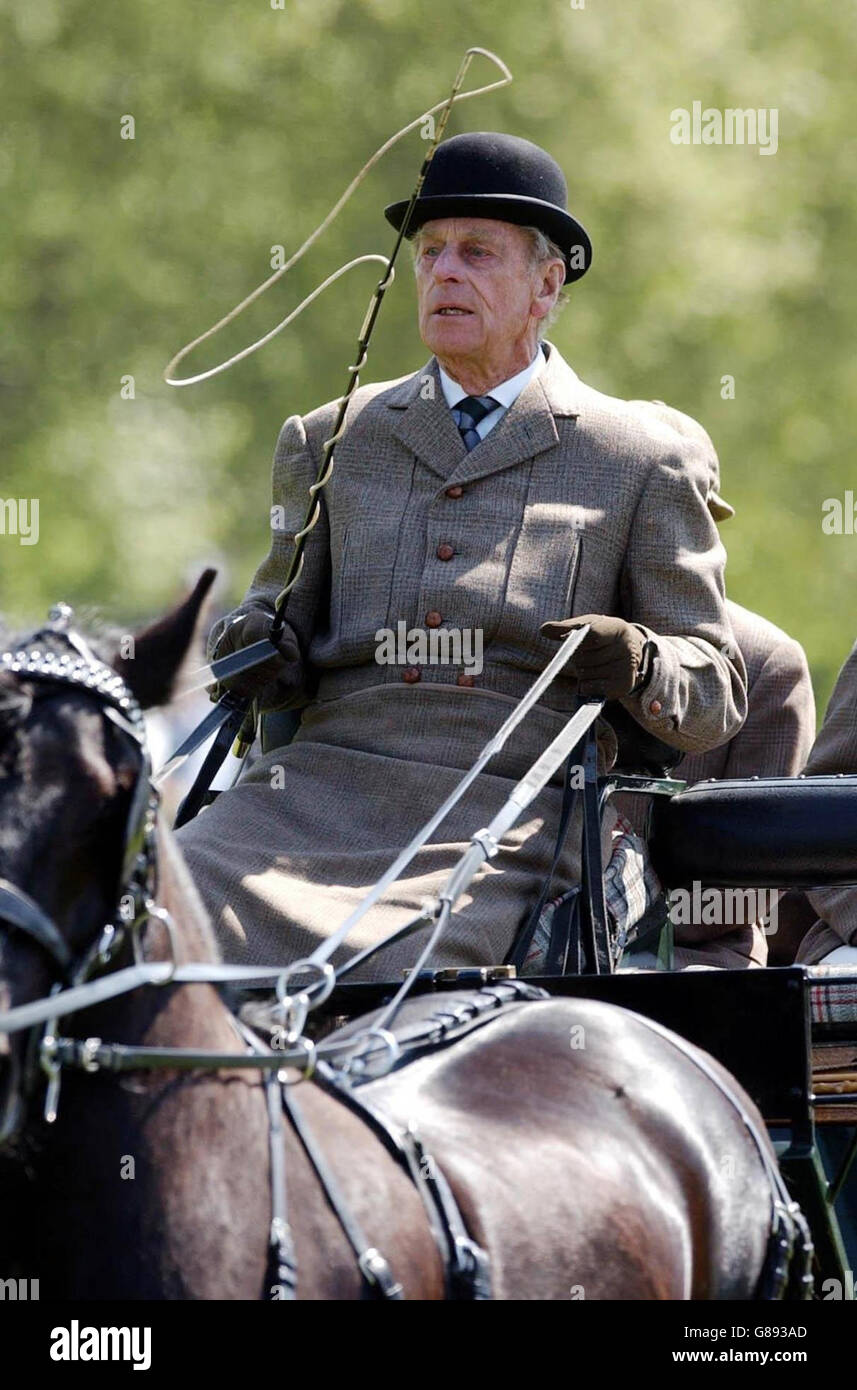 Equestrian - Pony Four-in-Hand - Royal Windsor Horse Show. The Duke of Edinburgh competes in the Pony Four-in-Hand class at the Royal Windsor Horse Show. Stock Photo