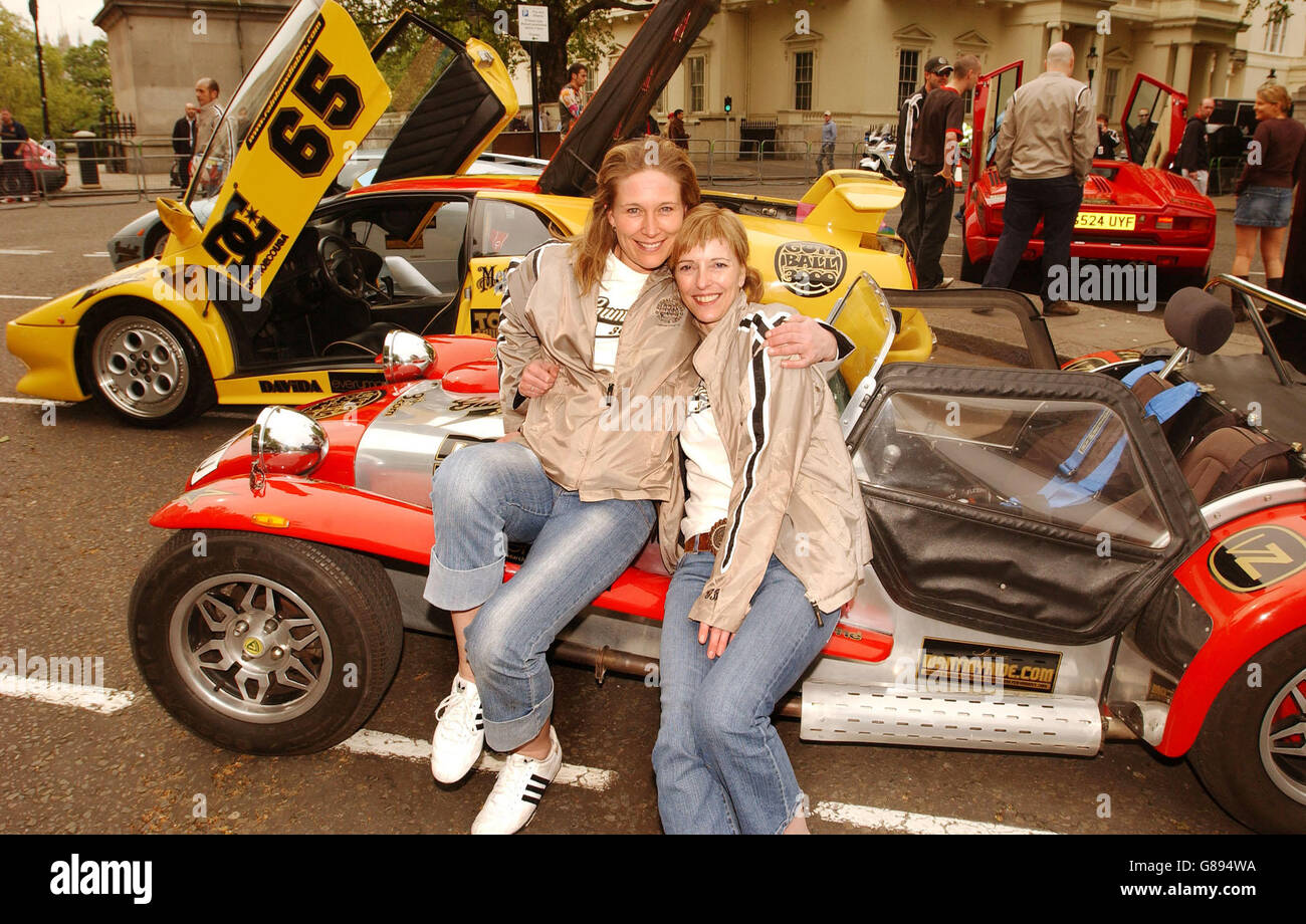 Sue Bellarby (left) and Kath Huddart with their Caterham 7 two-seater sports car, in central London before the start of the Gumball 3000 rally. Stock Photo