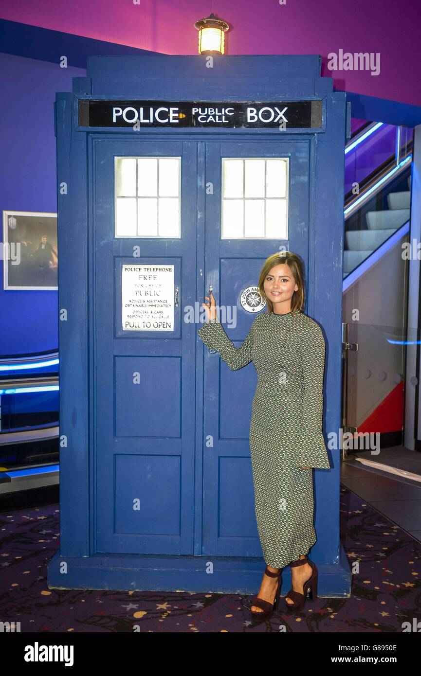 Actress Jenna Coleman, who plays Clara Oswald in Doctor Who, next to the TARDIS at Cineworld in Cardiff, where episodes for the new Dr Who series are being screened. Stock Photo