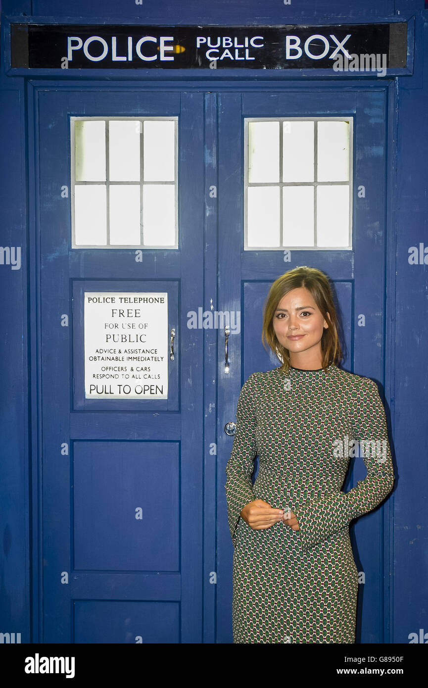 Actress Jenna Coleman, who plays Clara Oswald in Doctor Who, next to the TARDIS at Cineworld in Cardiff, where episodes for the new Dr Who series are being screened. Stock Photo