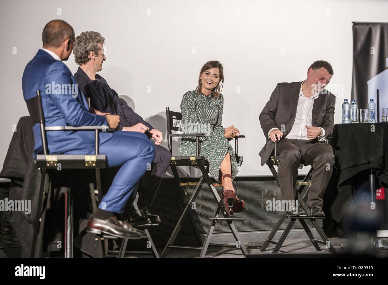 Cast of Doctor Who, Jenna Coleman and Peter Capaldi, plus writer Steven Moffat (right) answer questions from audience members at Cineworld in Cardiff, where episodes for the new Dr Who series are being screened. Stock Photo