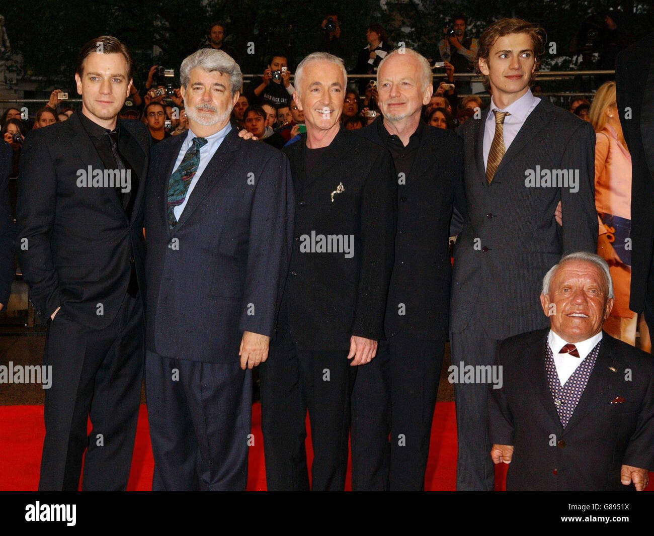 (From left to right) cast member Ewan McGregor, director George Lucas, cast members Anthony Daniels, Ian McDiarmid, Hayden Christensen and Kevin Baker. Stock Photo
