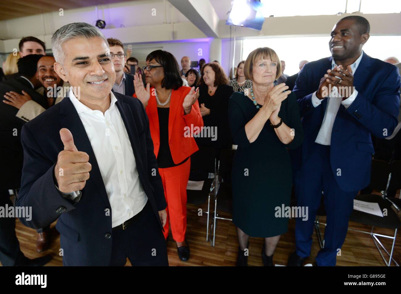 Sadiq Khan MP is congratulated by (left to right) Diane Abbott, Tessa Jowell and David Lammy after it was announced that he has been chosen as the Labour candidate to run for London mayor in 2016. Stock Photo