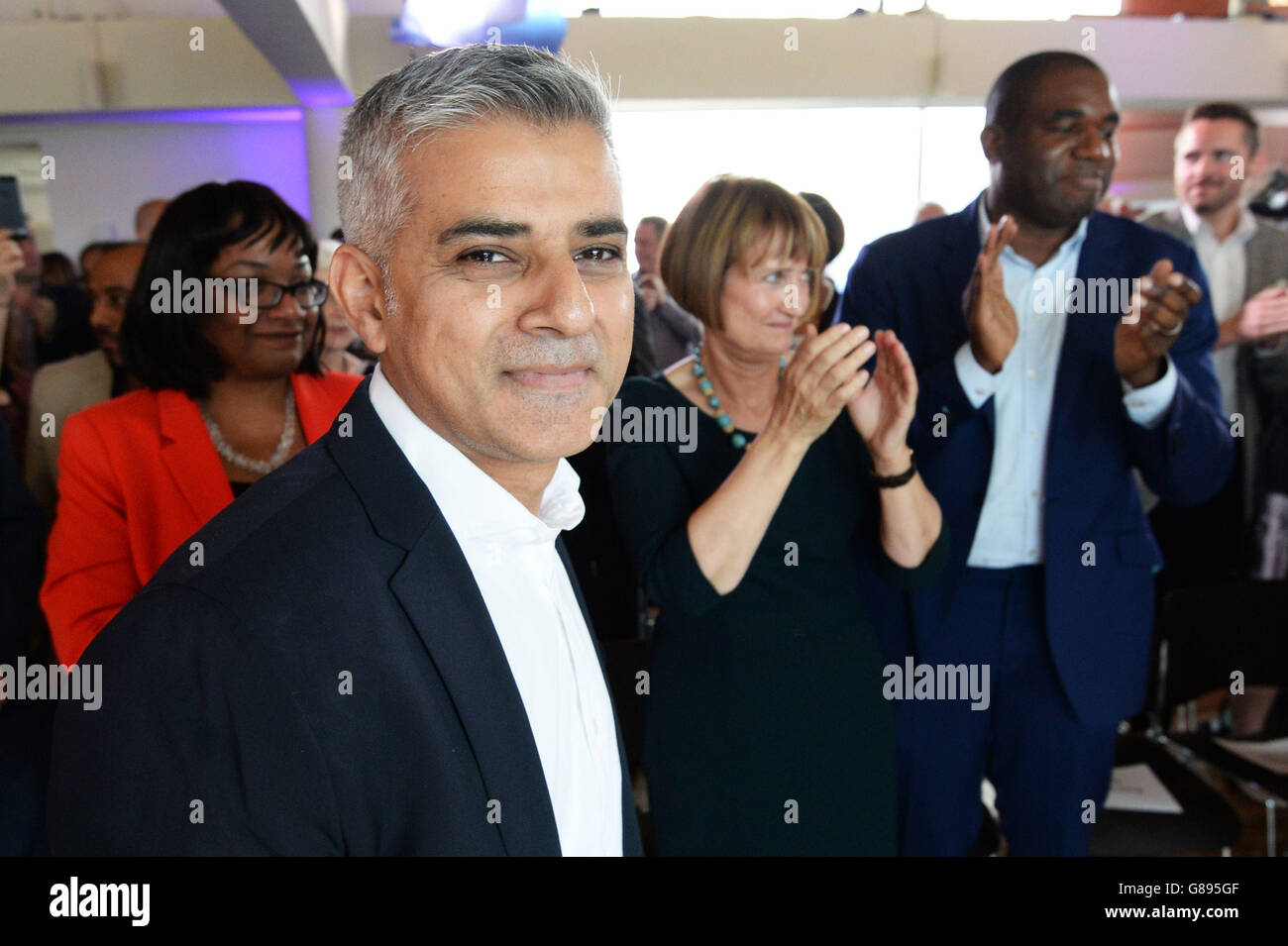 Sadiq Khan MP is congratulated by Diane Abbott (left), Tessa Jowell, and David Lammy (right) after it was announced that he has been chosen as the Labour candidate to run for London mayor in 2016. Stock Photo