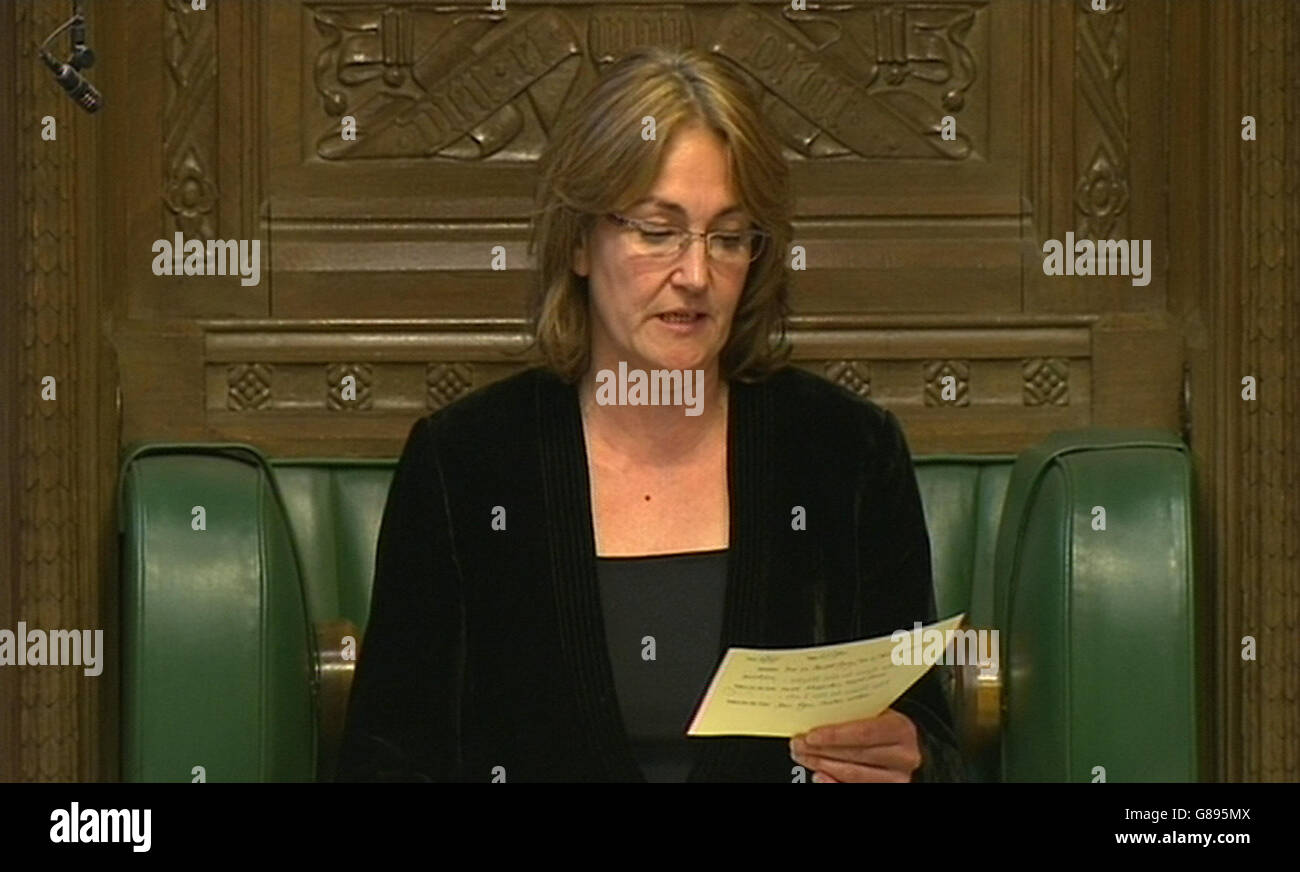 Deputy Speaker Eleanor Laing reads out the result of a vote on assisted dying in the House of Commons as MPs voted against enshrining the right to die in British law, blocking the second reading of the Assisted Dying Bill by 330 to 118. Stock Photo