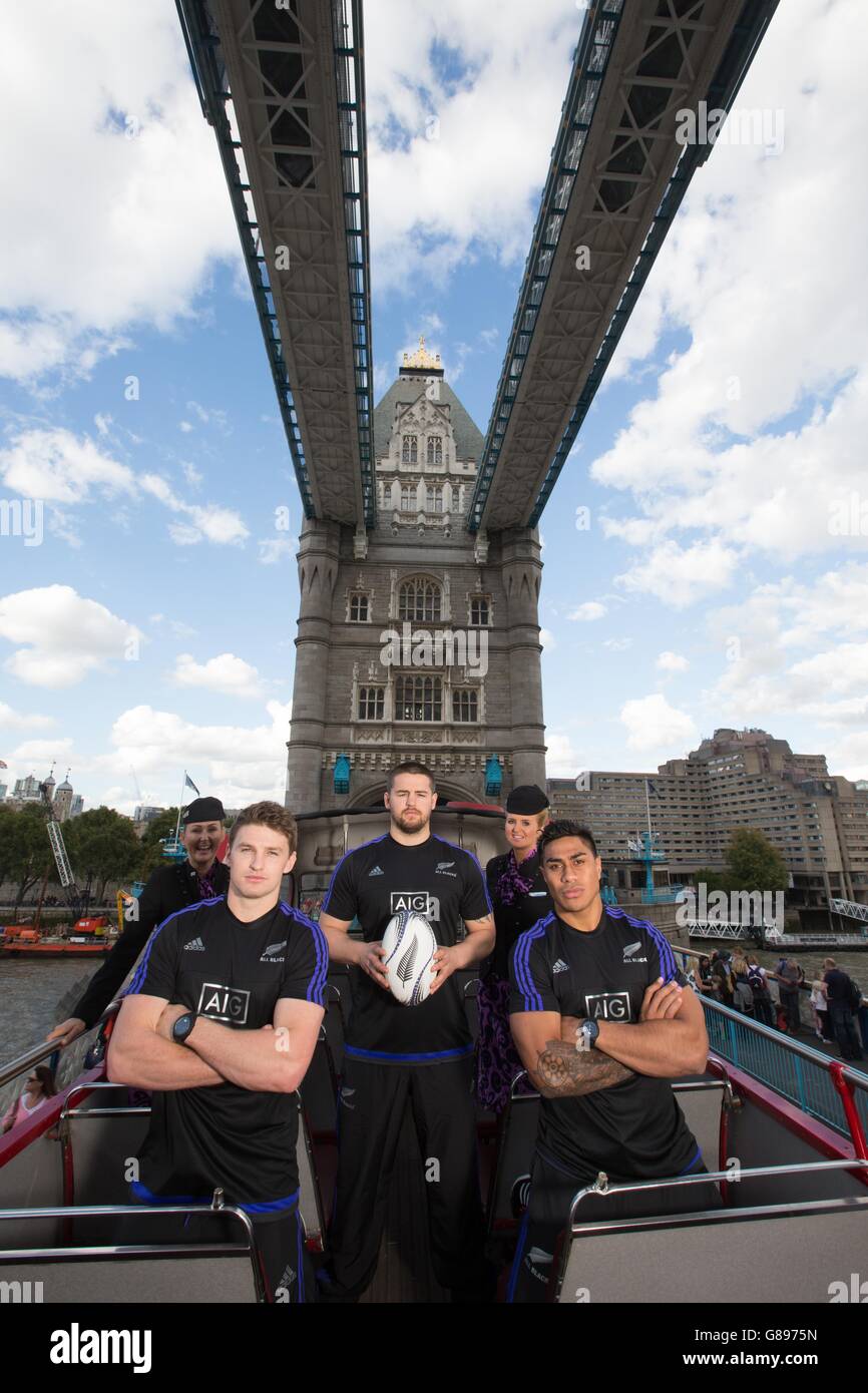 (left to right) Beauden Barrett, Dane Coles and Malakai Fekitoa from New Zealand's national rugby squad, the All Blacks, touring London with team sponsor, Air New Zealand to launch the airline's #SQUAD competition. Stock Photo