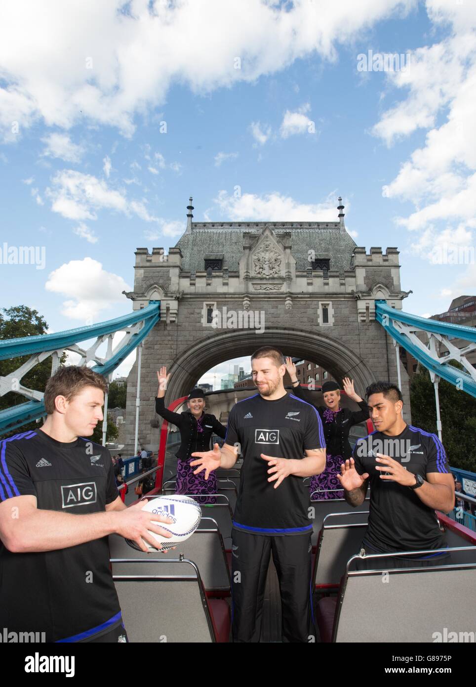 EDITORIAL USE ONLY (left to right) Beauden Barrett, Dane Coles and Malakai Fekitoa from New Zealand's national rugby squad, the All Blacks, touring London with team sponsor, Air New Zealand to launch the airline's #SQUAD competition. Stock Photo