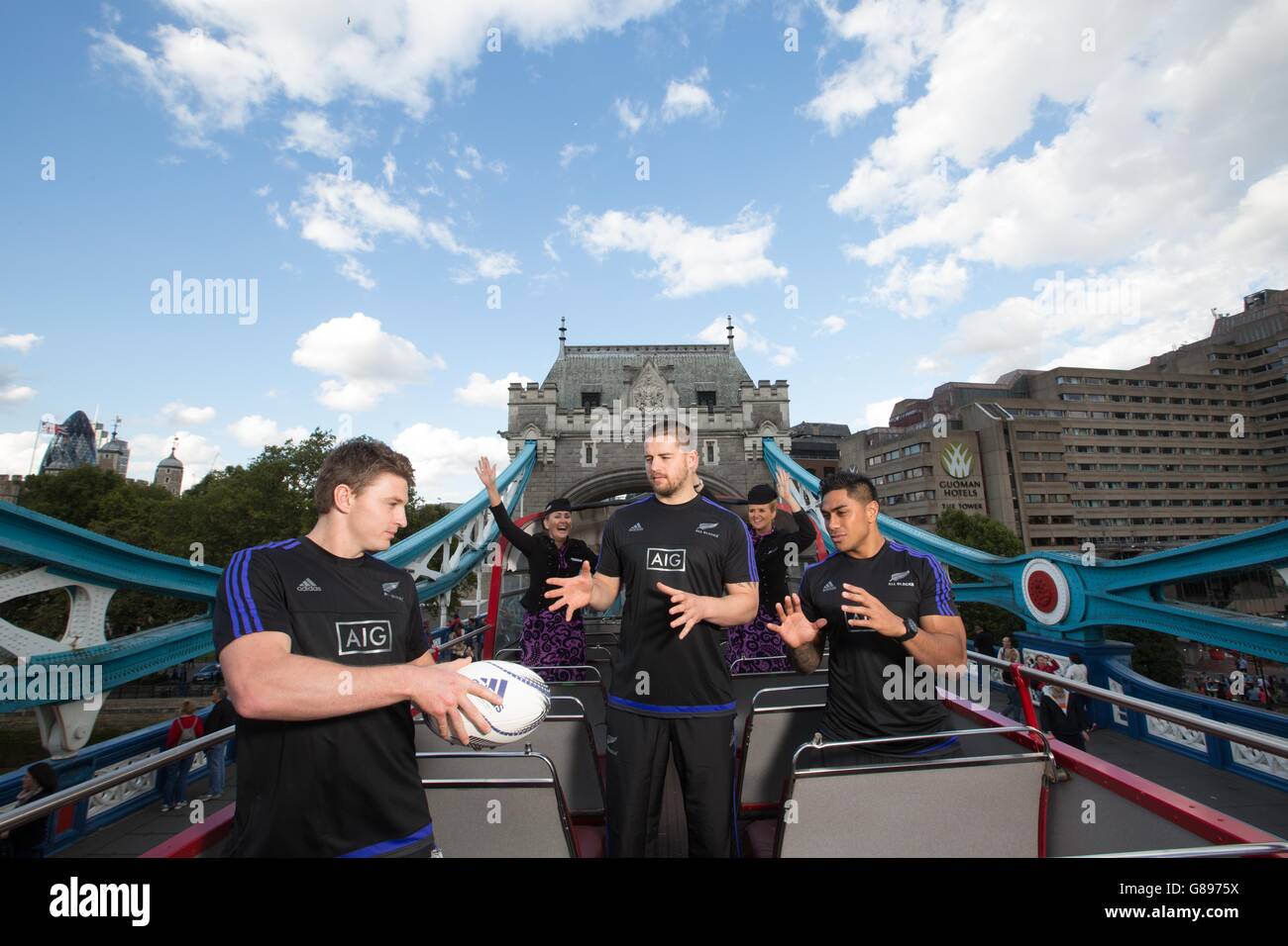 EDITORIAL USE ONLY (left to right) Beauden Barrett, Dane Coles and Malakai Fekitoa from New Zealand's national rugby squad, the All Blacks, touring London with team sponsor, Air New Zealand to launch the airline's #SQUAD competition. Stock Photo
