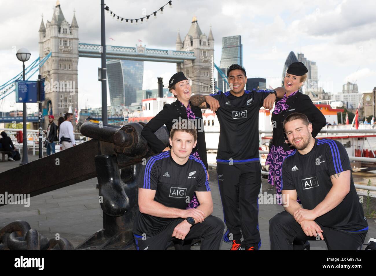 EDITORIAL USE ONLY (left to right) Beauden Barrett, Malakai Fekitoa and Dane Coles from New Zealand's national rugby squad, the All Blacks, touring London with team sponsor, Air New Zealand to launch the airline's #SQUAD competition. Stock Photo