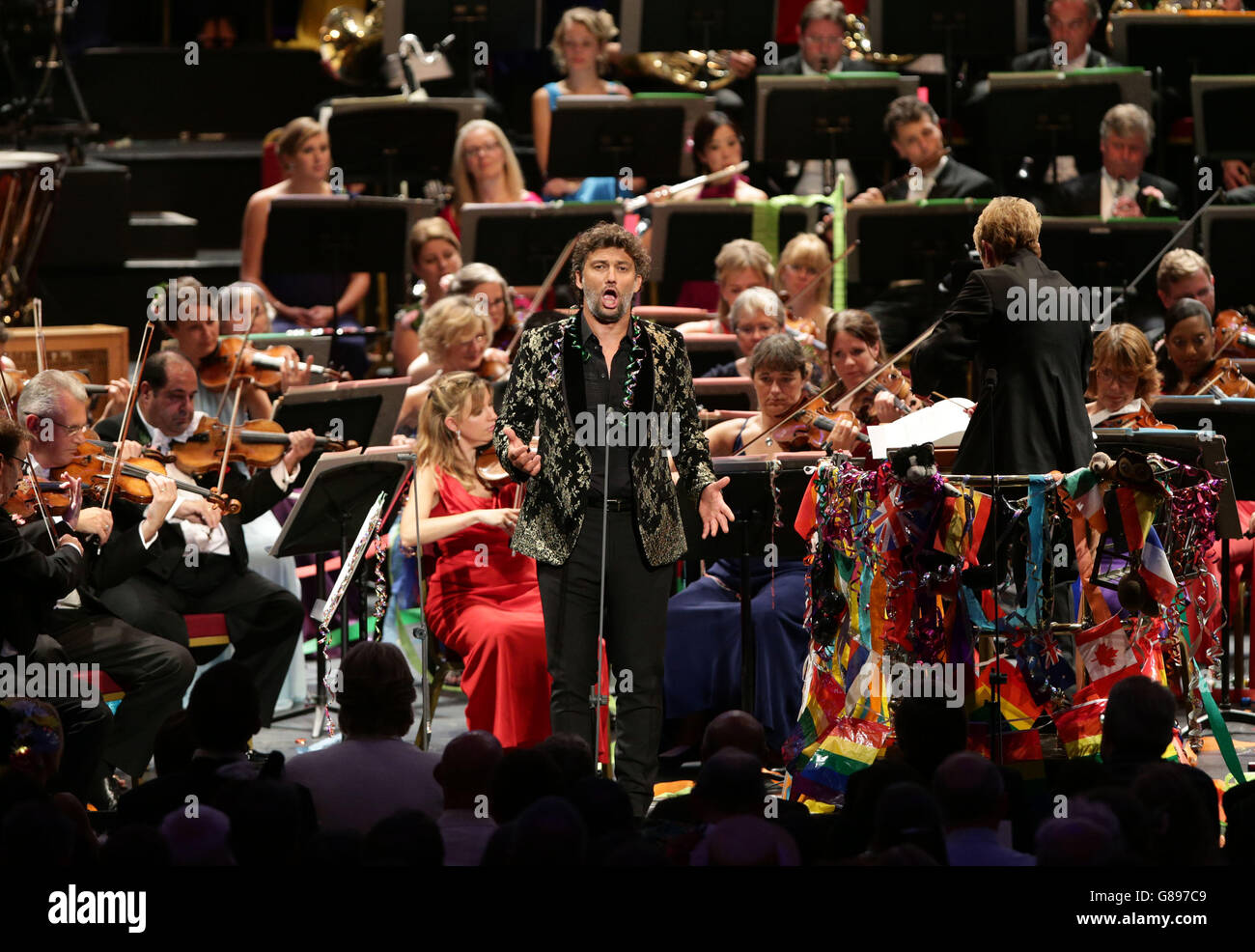 German singer Jonas Kaufmann performing during the BBC Last Night of the Proms, at the Royal Albert Hall in London. Stock Photo