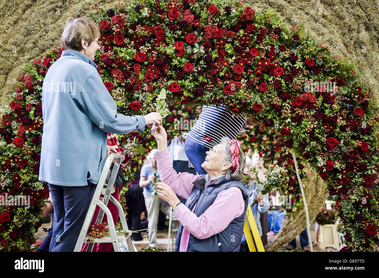 Women add red roses and other flora and fauna to a sculpture inside Salisbury Cathedral in the Magna Flora Flower Festival, which sees 500 flower arrangers take part creating a huge display inspired by the Magna Carta, featuring 30,000 blooms. Stock Photo