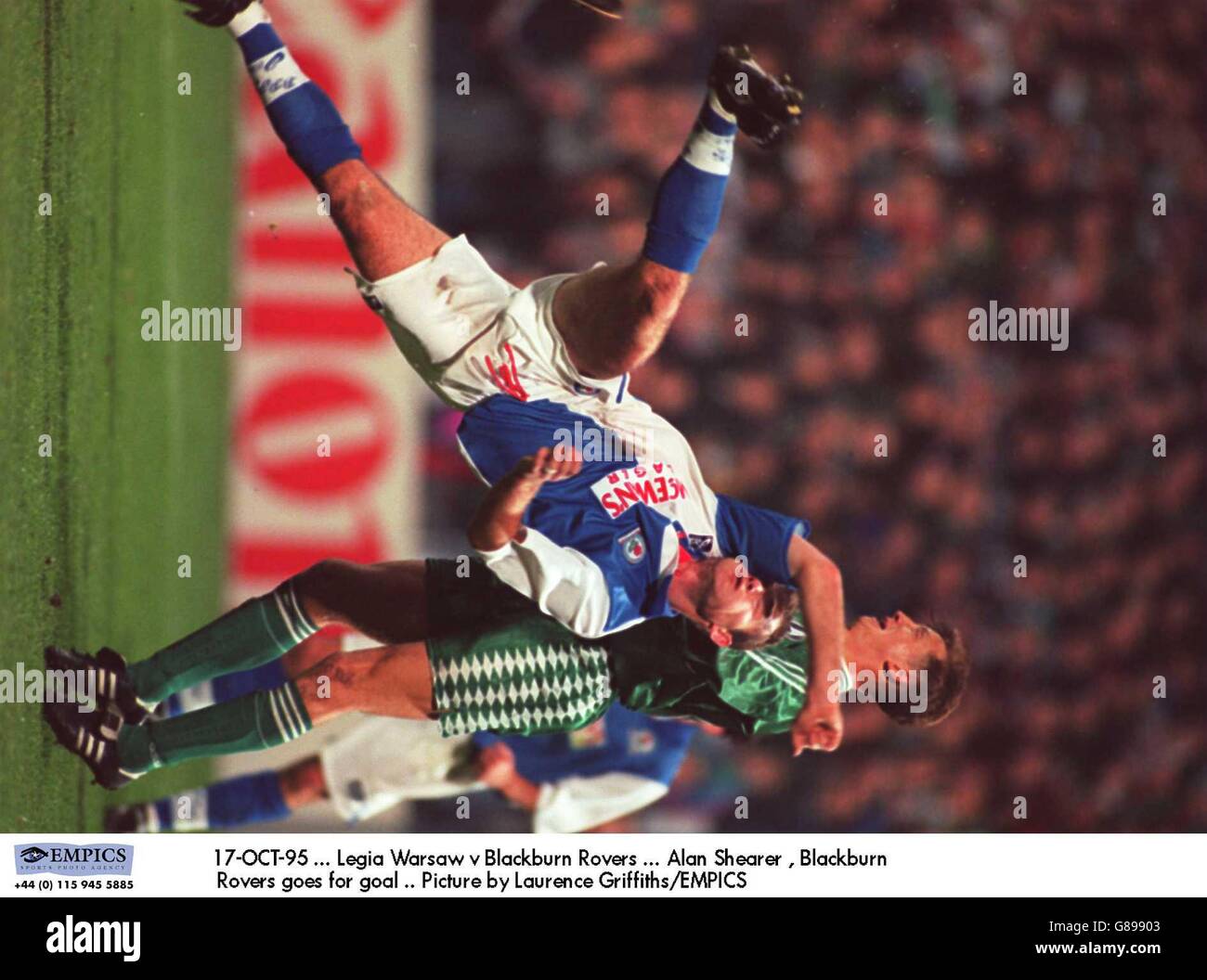 17-OCT-95, Legia Warsaw v Blackburn Rovers, Alan Shearer, Blackburn Rovers goes for goal .. Picture by Laurence Griffiths/EMPICS Stock Photo