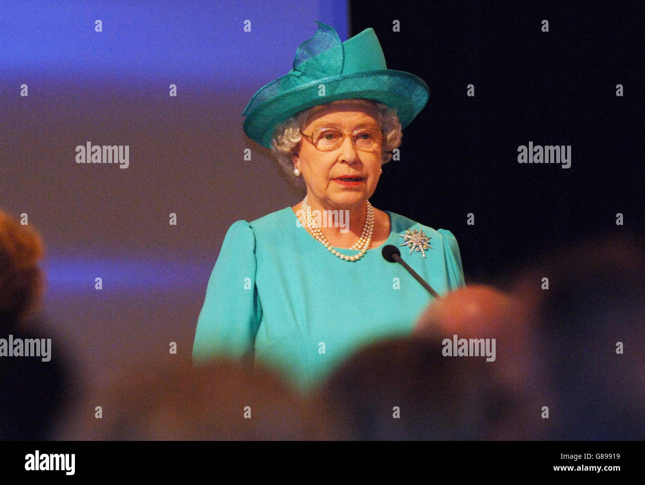 Britain's Queen Elizabeth II speaks at a luncheon hosted by the Canadian government in Regina, Saskatchewan. Stock Photo