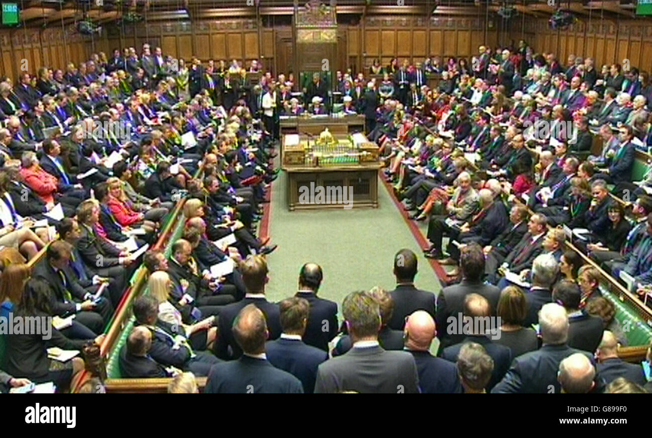 The debating chamber during Prime Minister's Questions in the House of Commons, London. Stock Photo