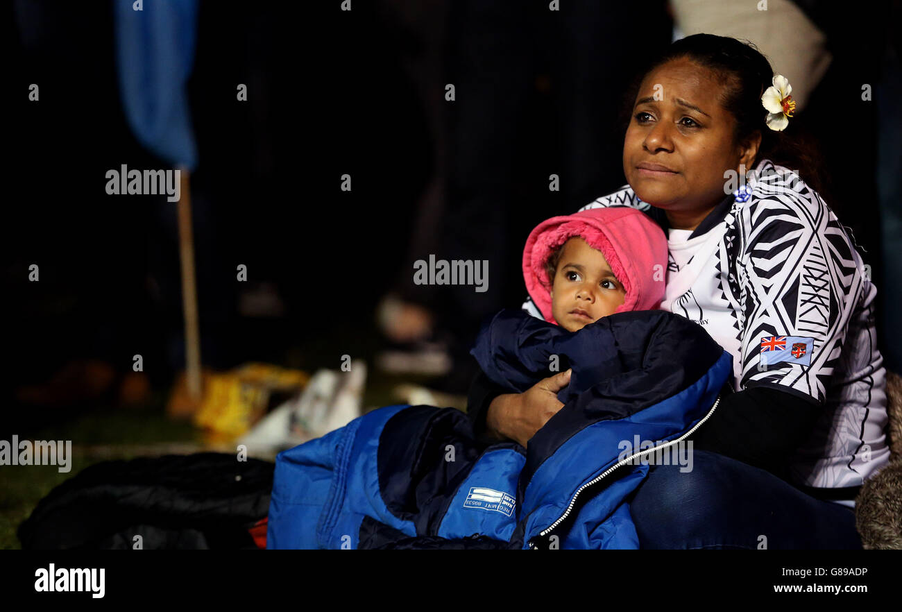 Fiji fans watching the game at the Fan zone at Deer Park in Richmond during the Rugby World Cup match at Twickenham Stadium, London. Stock Photo