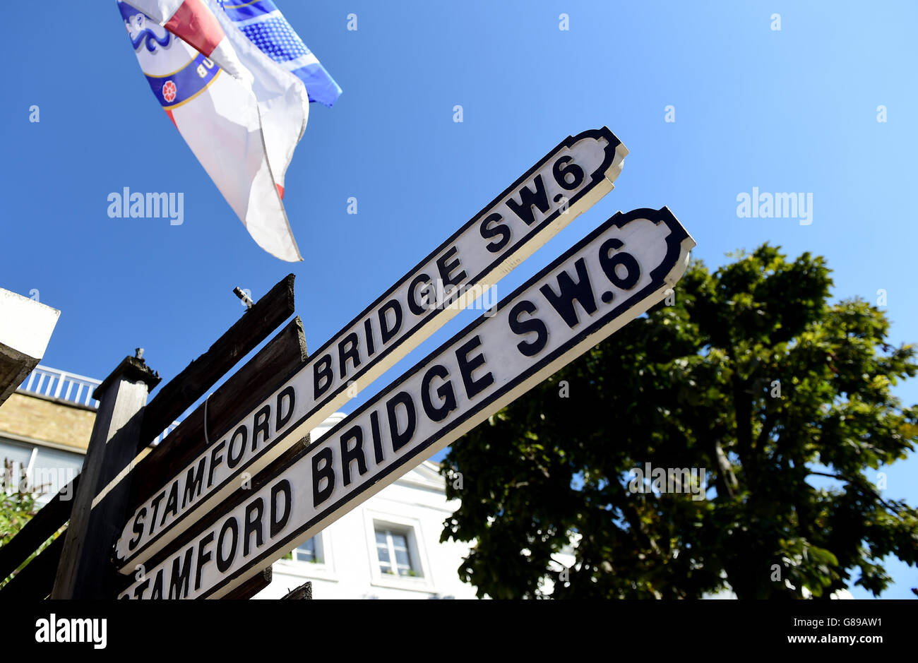 Detail view of Stamford Bridge street signs before the Barclays Premier League match at Stamford Bridge, London. Stock Photo