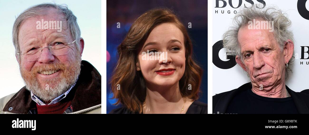 File photos of (from the left) Bill Bryson, Carey Mulligan and Keith Richards. Stock Photo