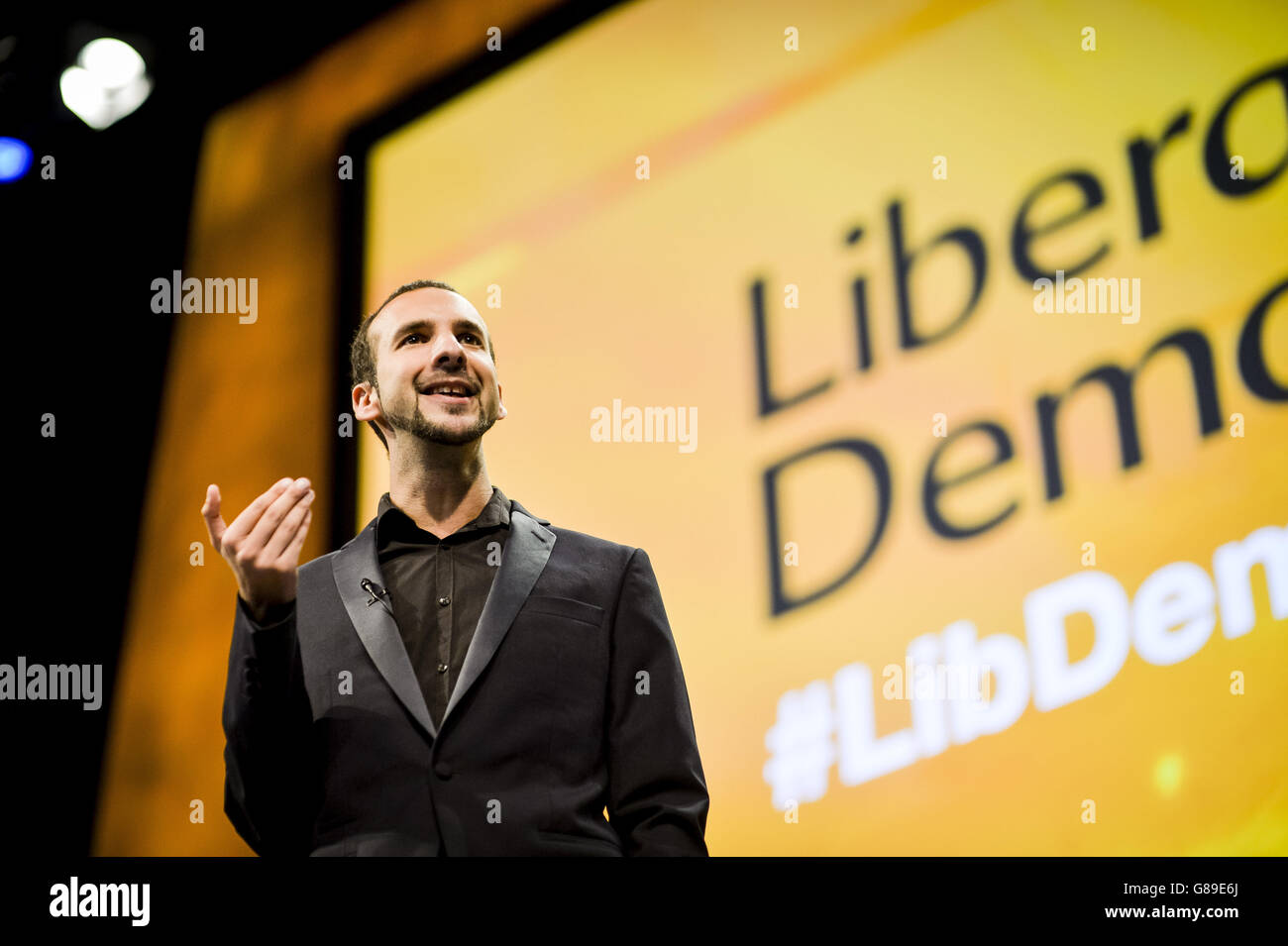 Liberal Democrats activist Zack Polanksi speaks during the opening night rally of the party's annual conference at the Bournemouth International Centre. Stock Photo