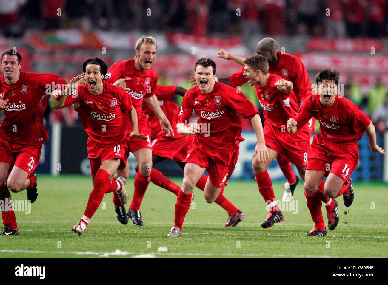Soccer - UEFA Champions League - Final - AC Milan v Liverpool - Ataturk  Olympic Stadium. Liverpool players run to