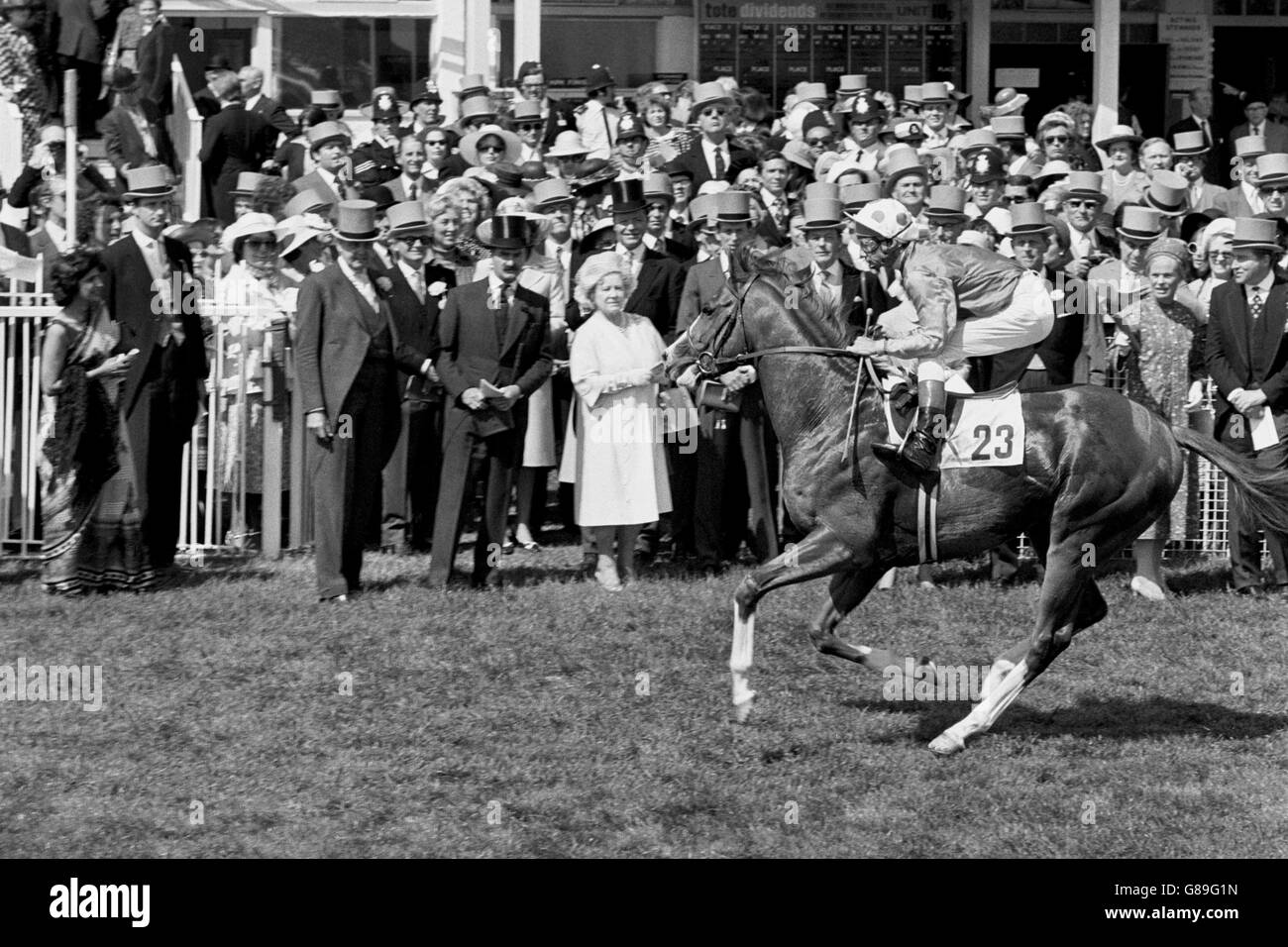 HRH The Queen Mother (c) looks on as The Minstrel, Lester Piggott up, trots to the start Stock Photo