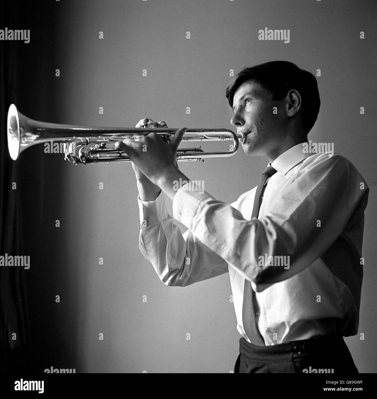Sixteen-year-old trumpeter John Wallace, of Glenrothes, Fife, at Wigmore Hall, where he was among a number of outstanding young musicians, members of Britain's National Junior Music School, who were taking part in a public rehearsal of concertos. Stock Photo