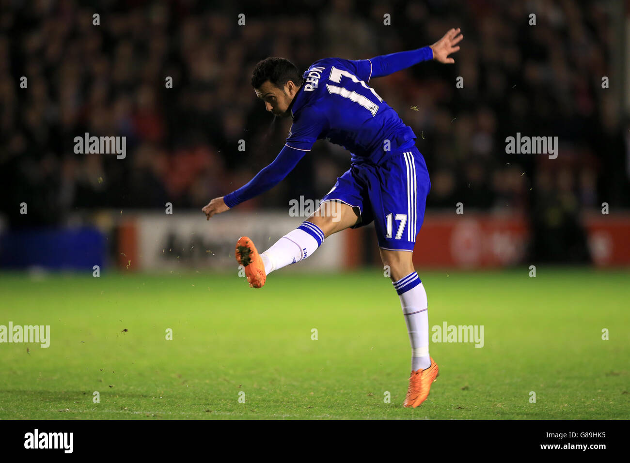 Chelsea's Pedro scores his side's fourth goal of the game during the Capital One Cup, third round match at Banks' Stadium, Walsall. Stock Photo
