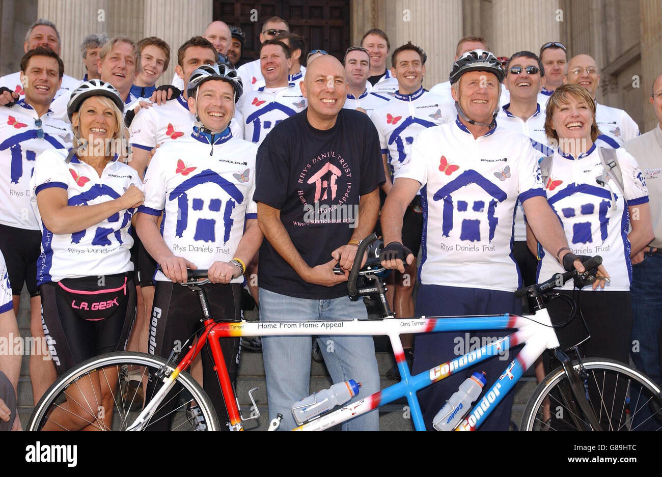 Ingrid Tarrant, (front, left to right) EastEnders actor Adam Woodyatt, Barry Daniels, Chris Tarrant and EastEnders actress Laurie Brett, prepare for the 160-mile cycle ride from St Paul's Cathedral, London to the new children's hospital in Cardiff, in aid of the Rhy Daniels Trust, aiming to finish on Monday May 30. Stock Photo