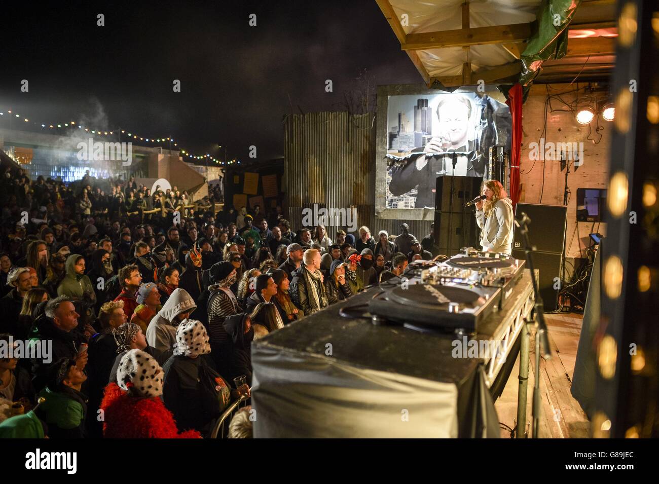 Kate Tempest performs at Banksy's 'Dismaland' in Weston-super-Mare, Somerset. Stock Photo