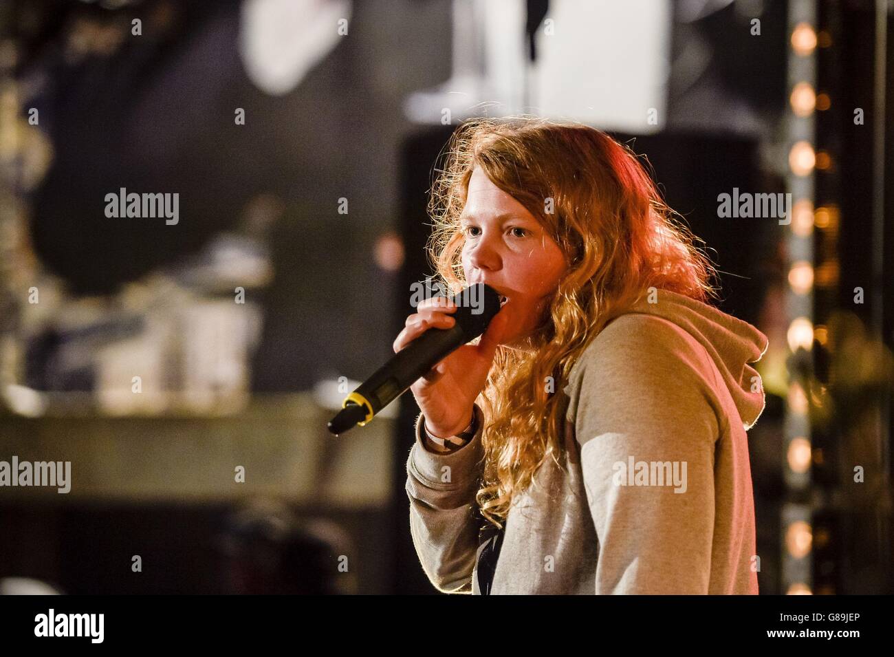 Kate Tempest performs at Banksy's 'Dismaland' in Weston-super-Mare, Somerset. Stock Photo