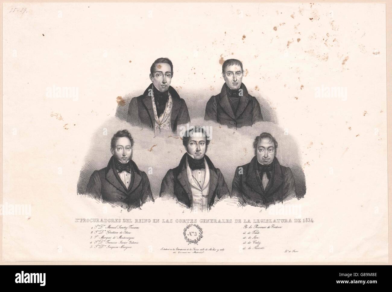 Bildnisse von f¸nf Prokuratoren der spanischen Cortes Generales de la Legislatura von 1834 Stock Photo