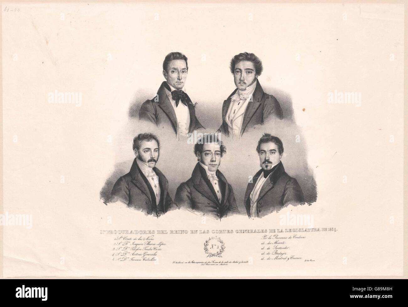 Bildnisse von f¸nf Prokuratoren der spanischen Cortes Generales de la Legislatura von 1834 Stock Photo