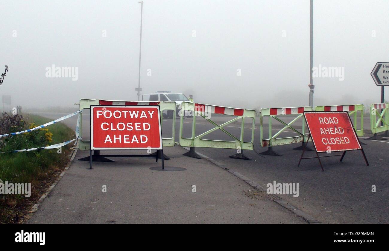 Police at the closed A6201 road between Upton and Hemsworth, West Yorkshire, where four people died when a quad bike collided with a sports car on Sunday morning. Stock Photo