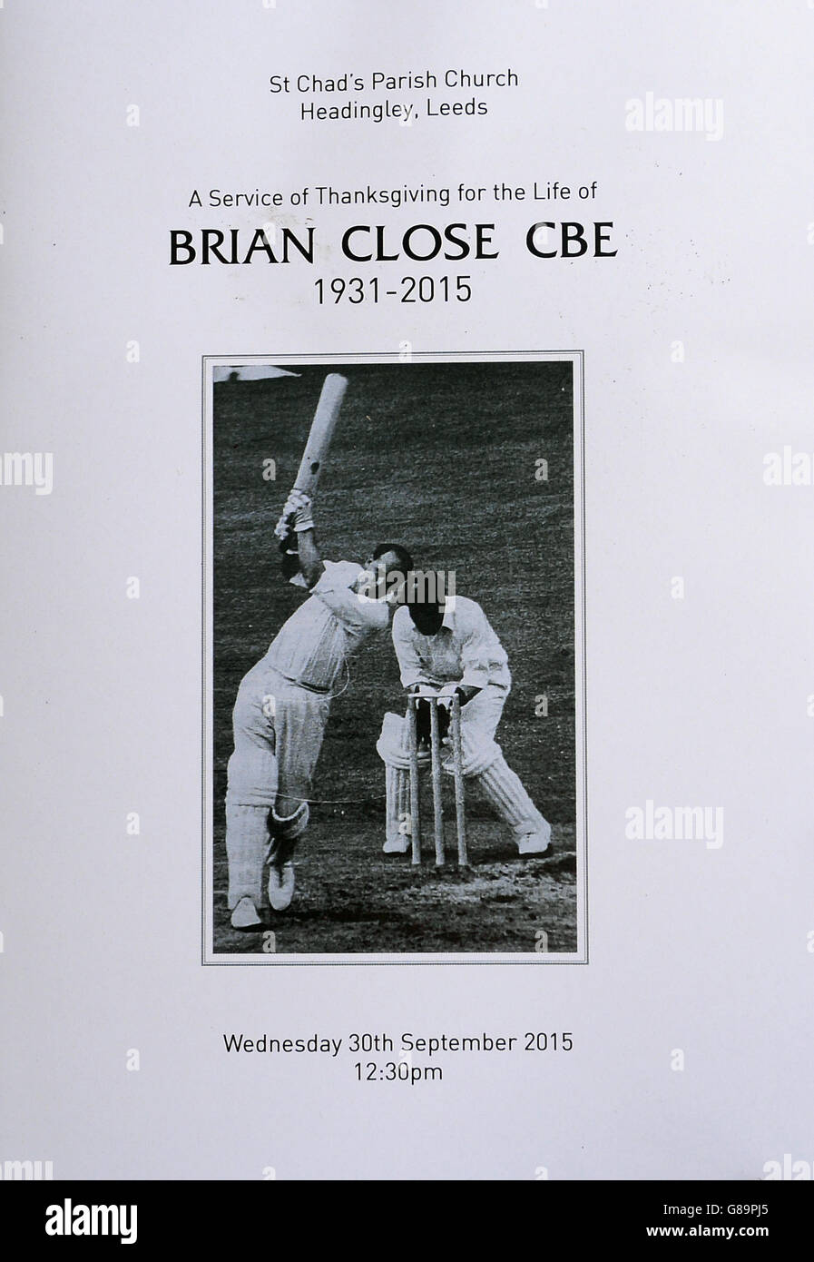 The service sheet from the memorial service for Brian Close at St Chad