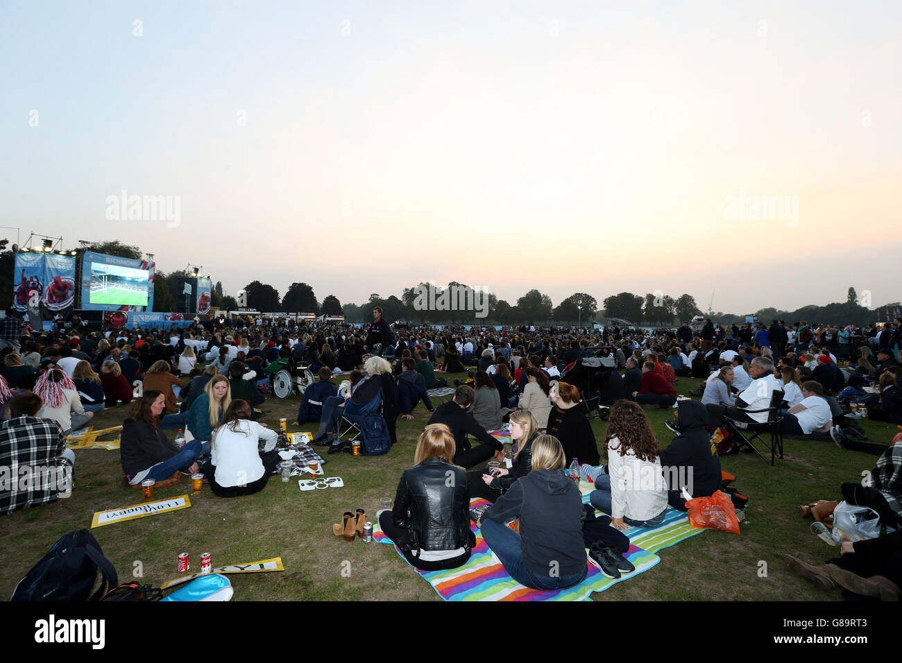 General view of rugby fans watching at the Rugby World Cup 2015 Fanzone