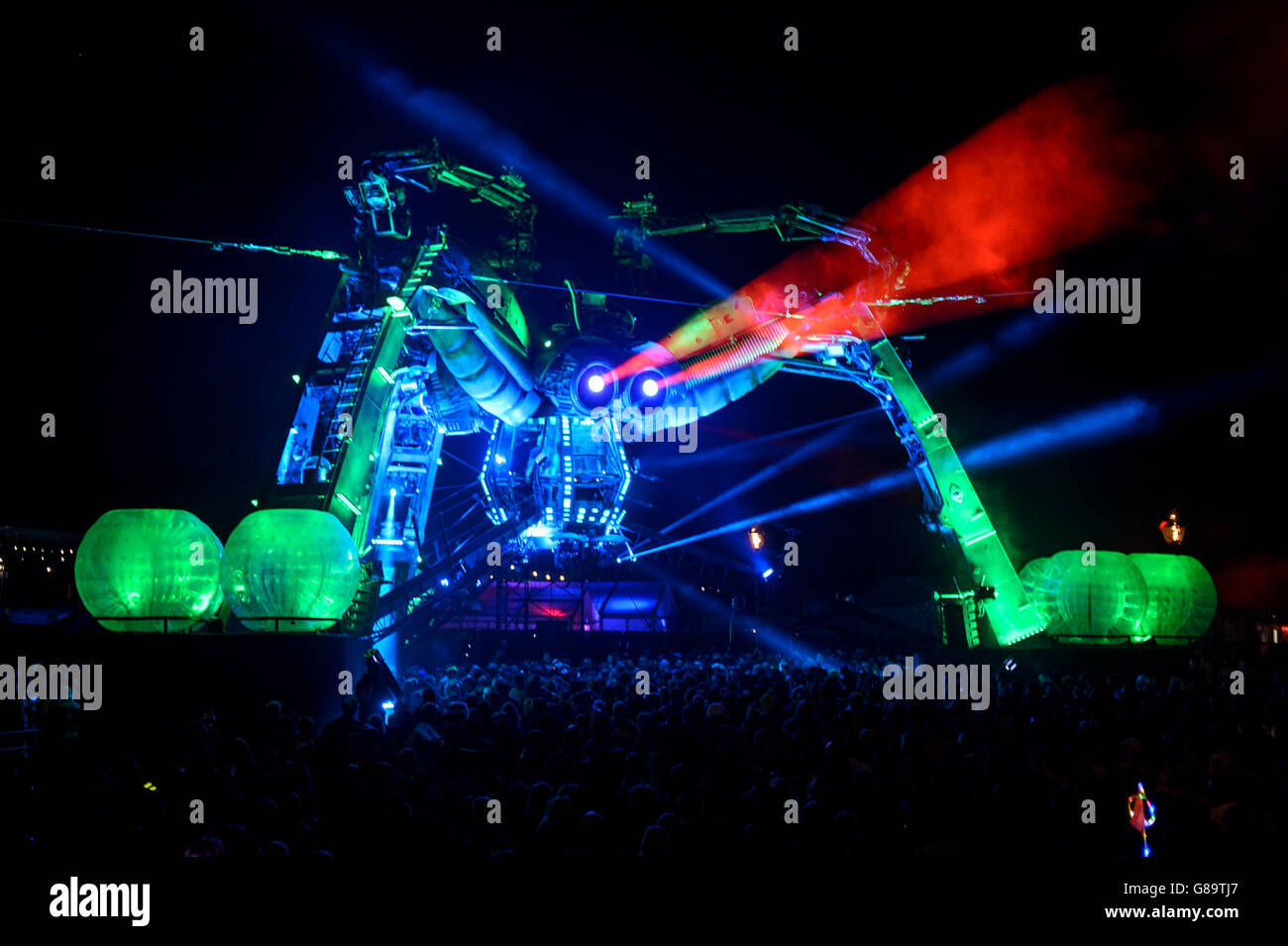 'Metamorphosis' at Arcadia features a light show involving a giant spider at the Glastonbury music festival Stock Photo